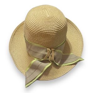 Straw Hat with Tan and Lime Green Attached Ribbon Cynthia Rowley